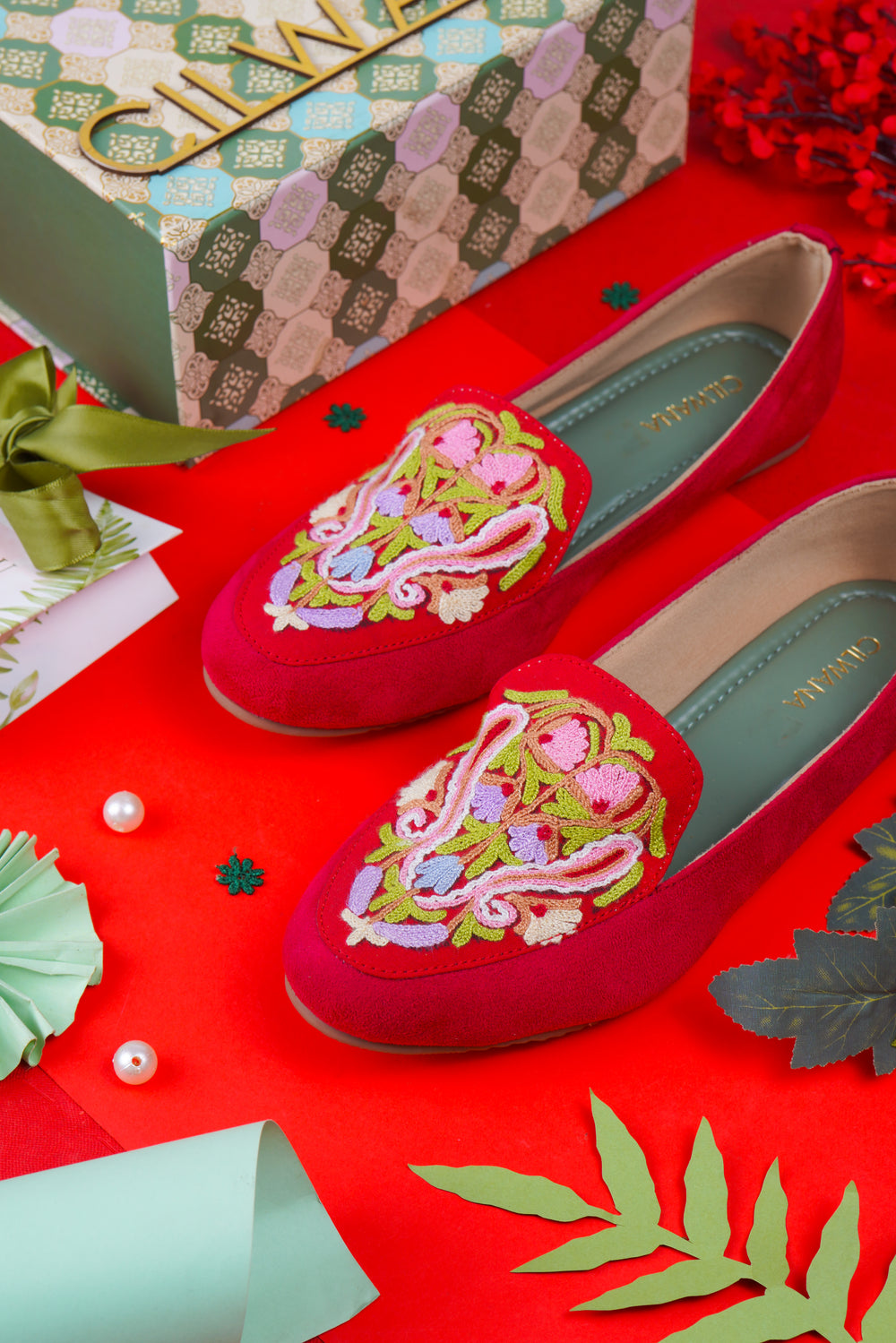 Red Multi Almond Aari Shoes