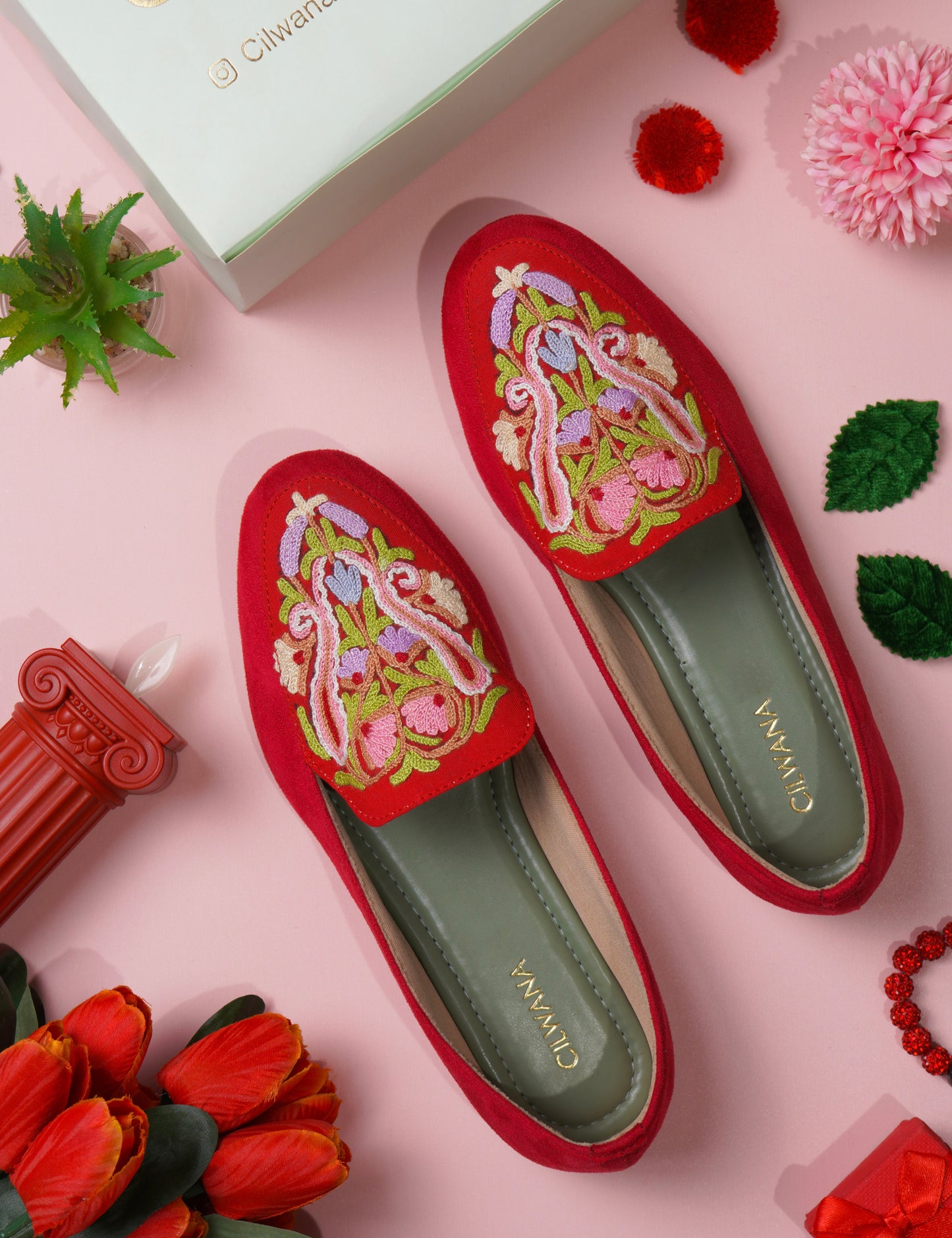 Red Multi Almond Aari Shoes