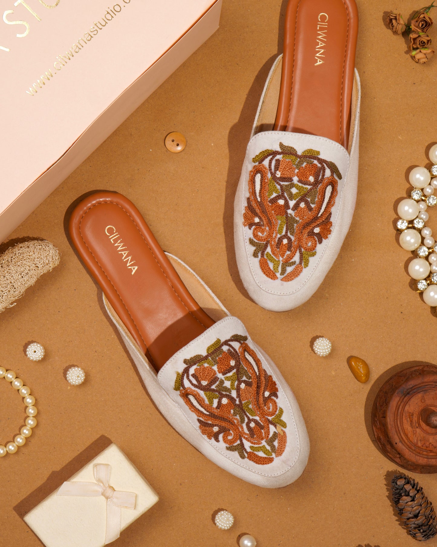 White Autumn Almond Aari Mules