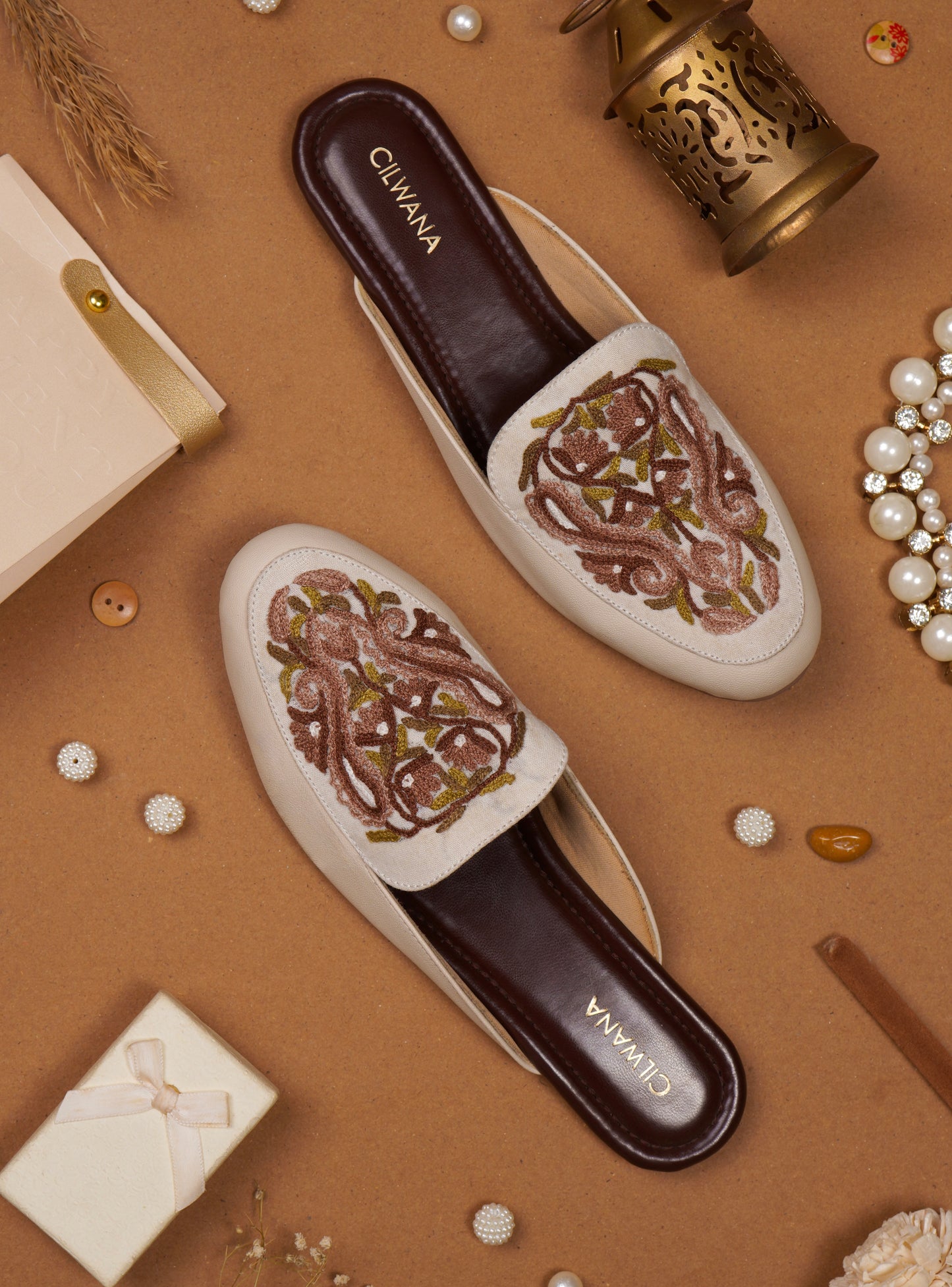 White Brown Almond Aari Mules