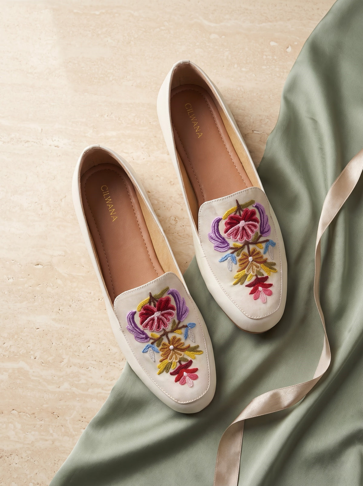 Ivory Cream Multi Floral Aari Shoes