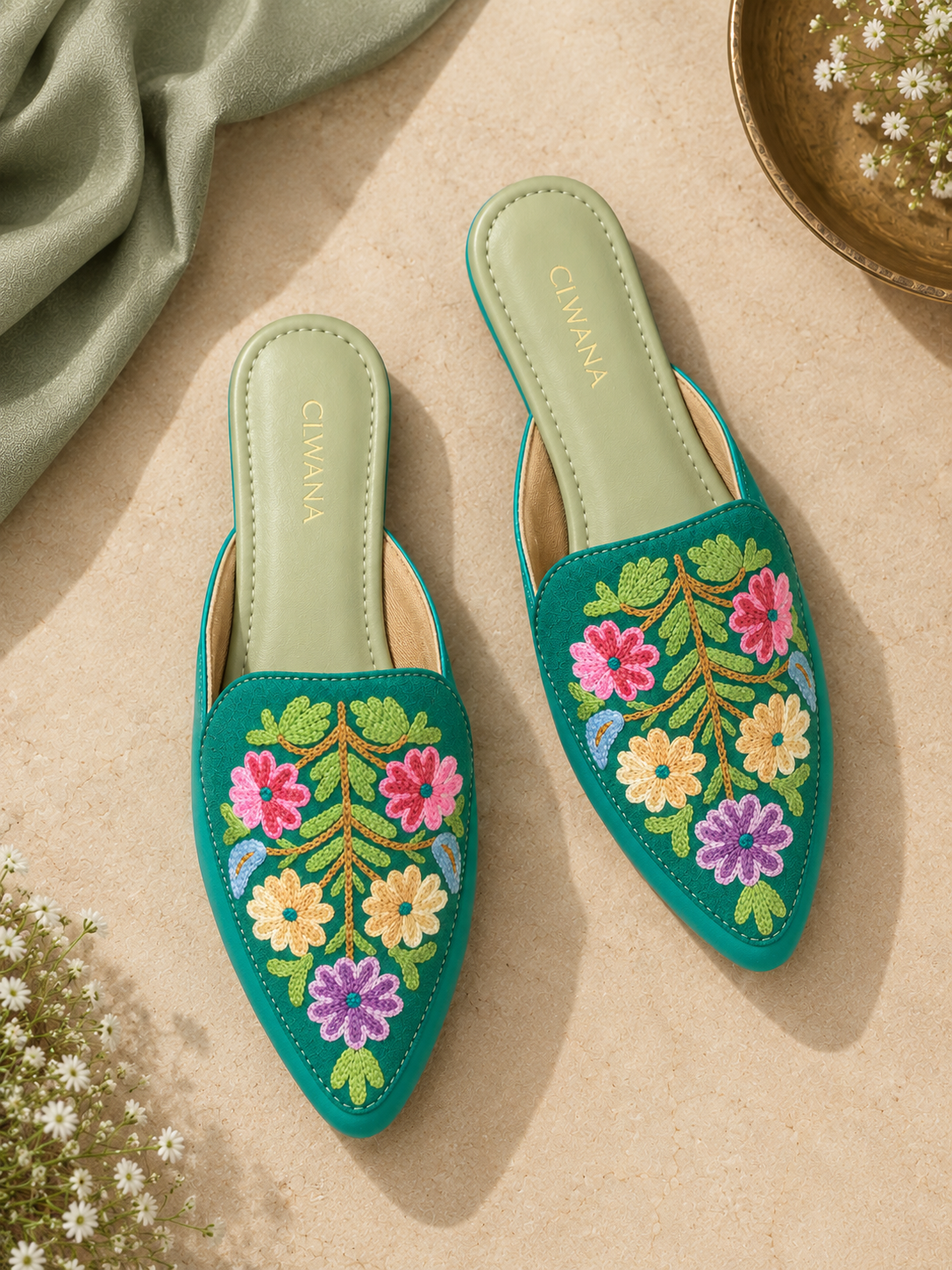 Teal Floral Aari Mules
