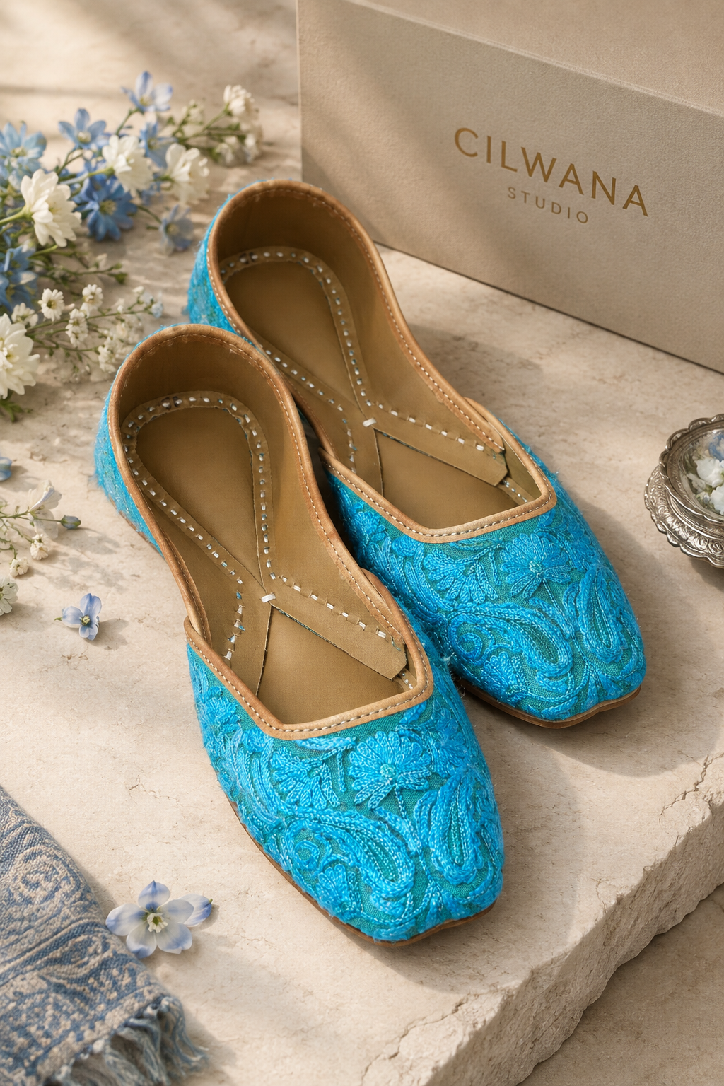 Blue Multi Floral Aari Jutti