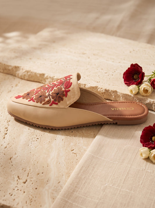 White Floral Aari Mules