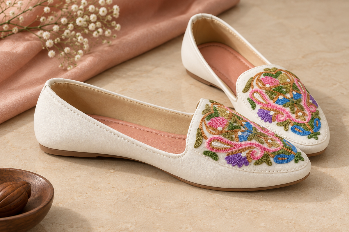 White Floral Aari Shoes