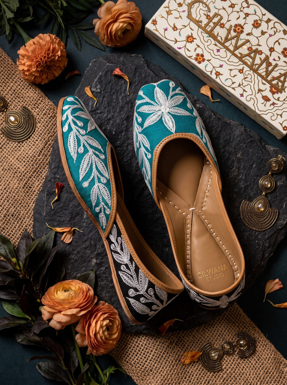 Turquoise Black & White Floral Tilla Jutti