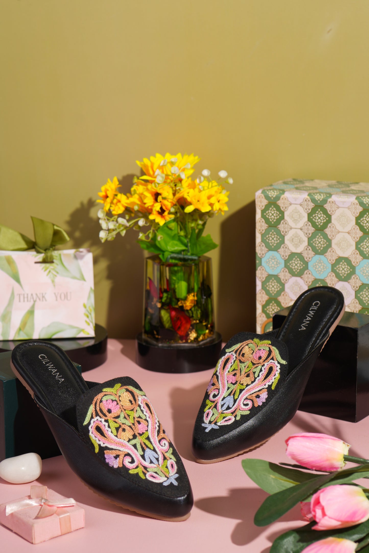 Black Multi Almond Aari Mules