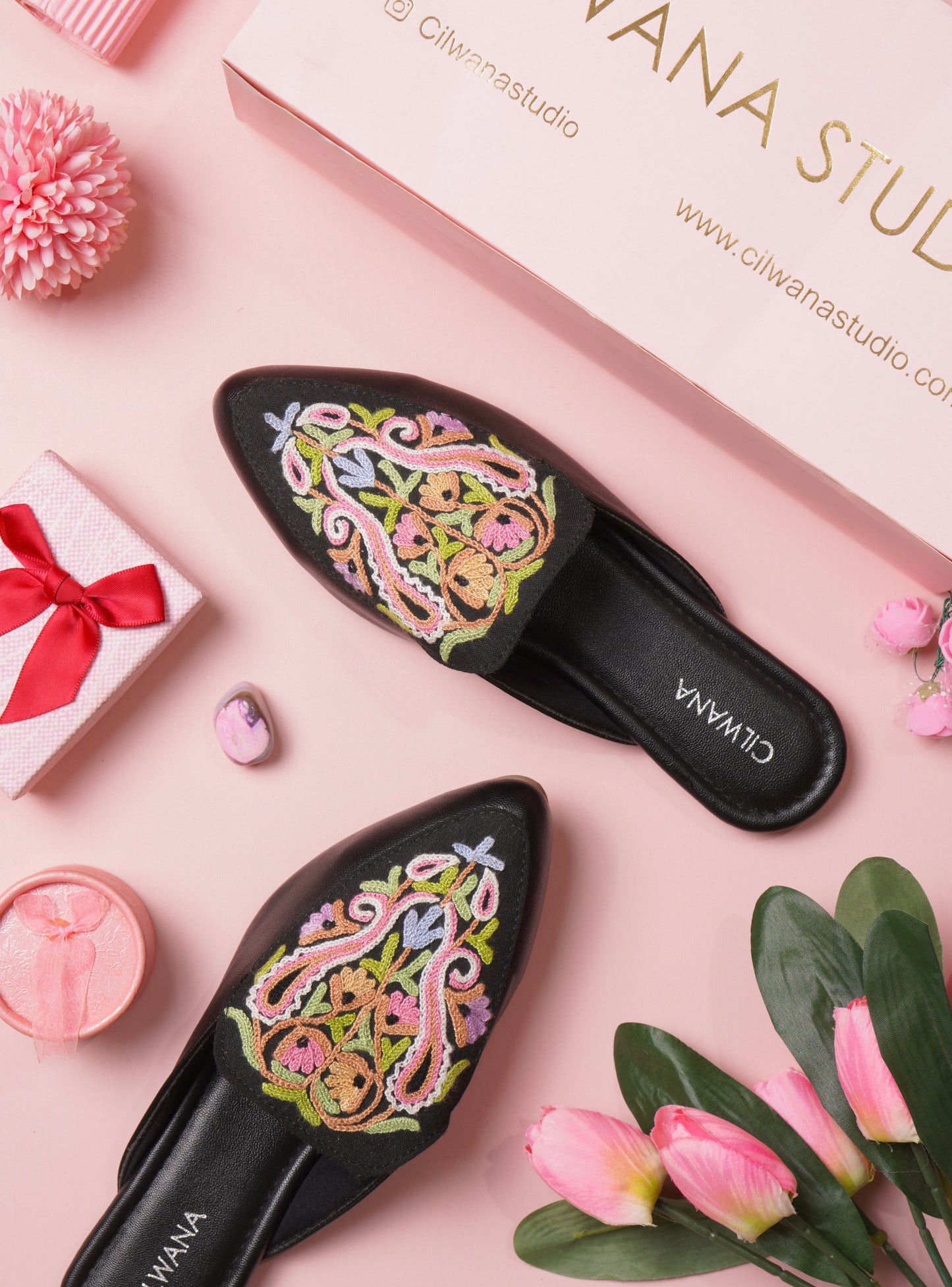 Black Multi Almond Aari Mules