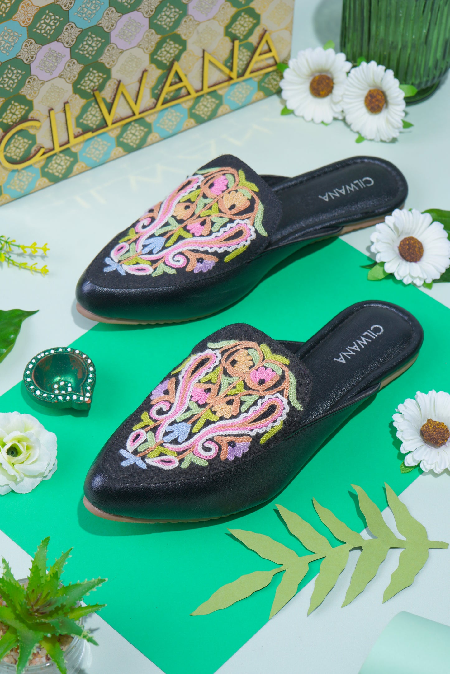 Black Multi Almond Aari Mules