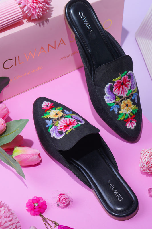 Black Multi Rose Aari Mules