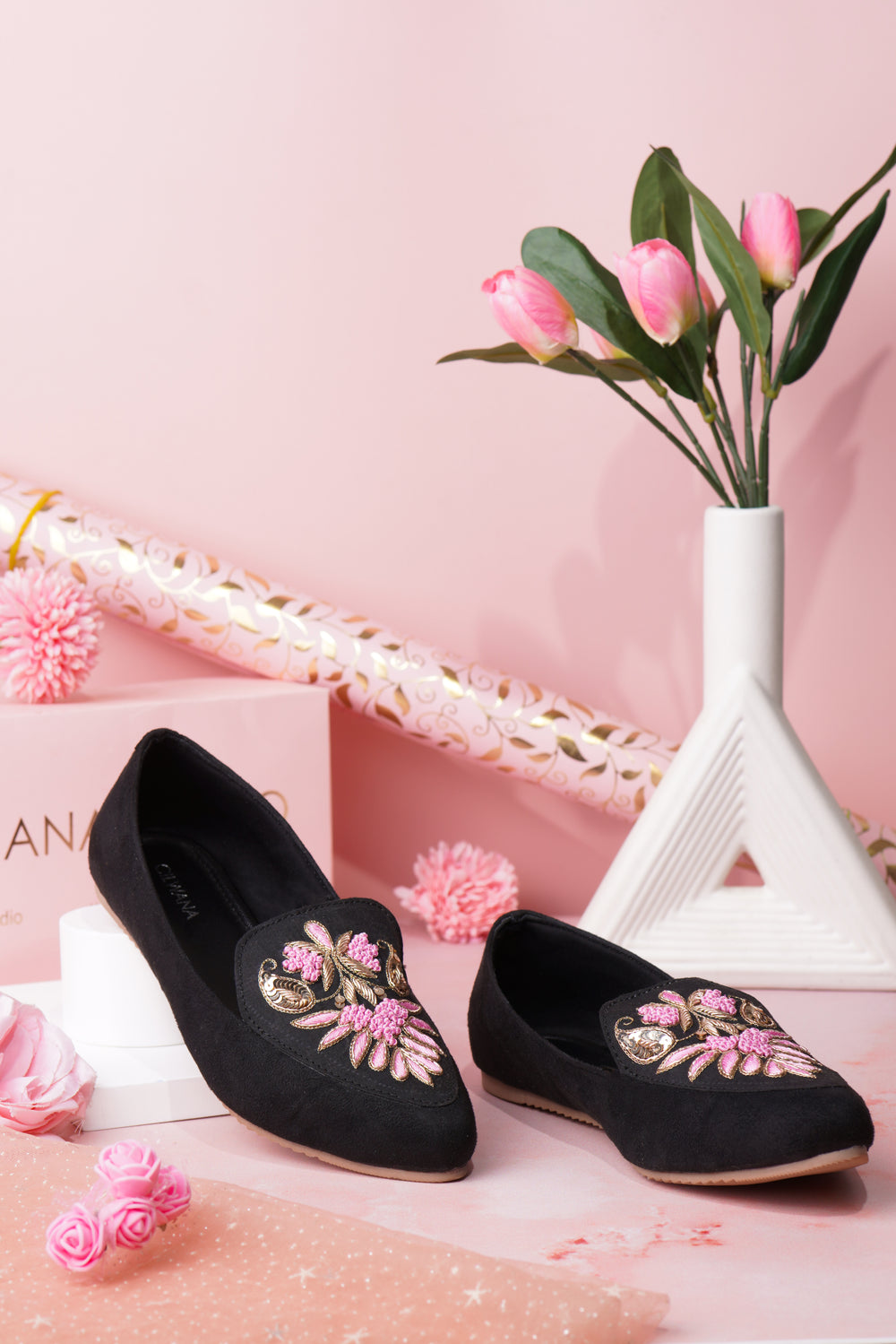 Black Silver & Pink Dhabka Shoes