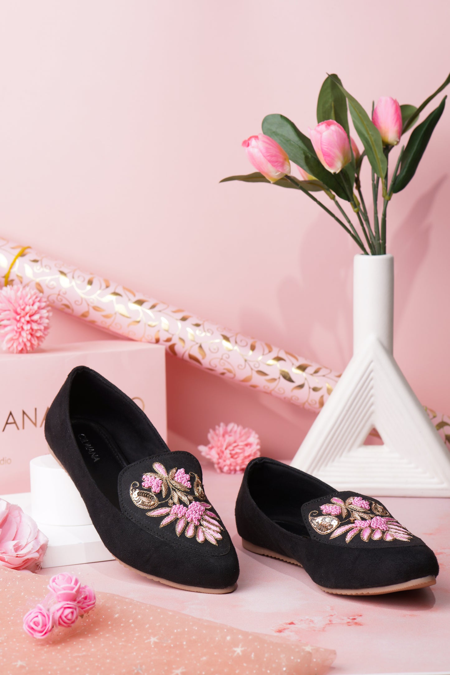 Black Silver & Pink Dhabka Shoes
