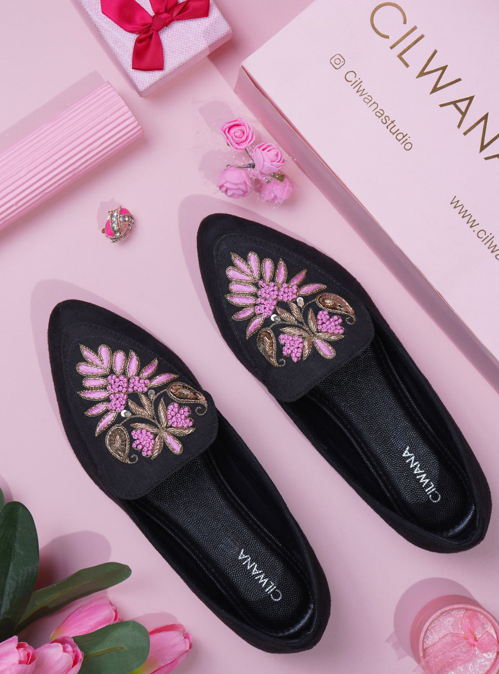 Black Silver & Pink Dhabka Shoes