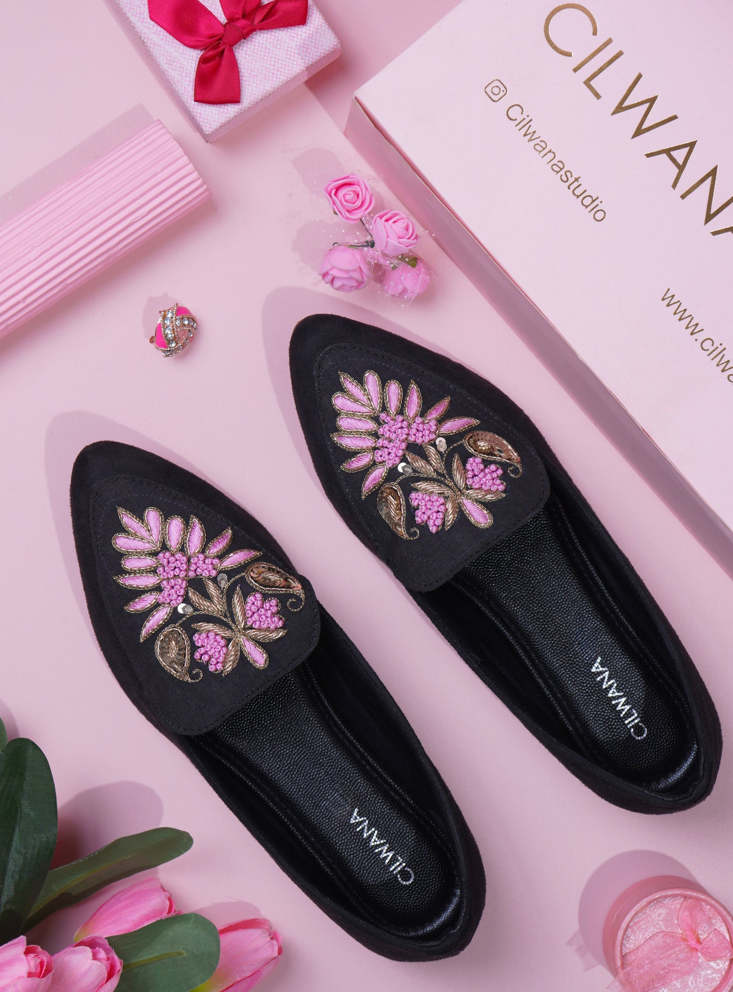 Black Silver & Pink Dhabka Shoes