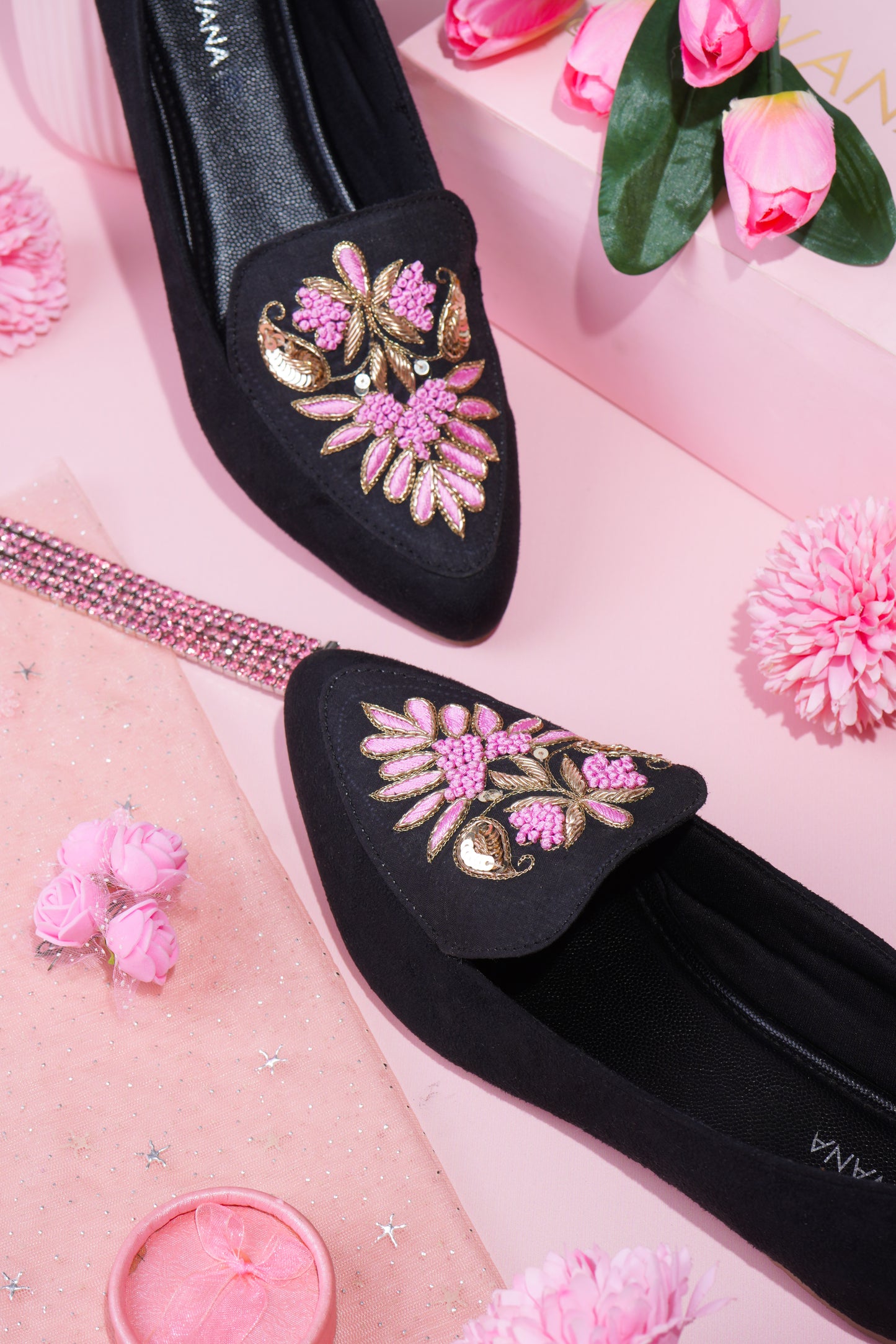 Black Silver & Pink Dhabka Shoes