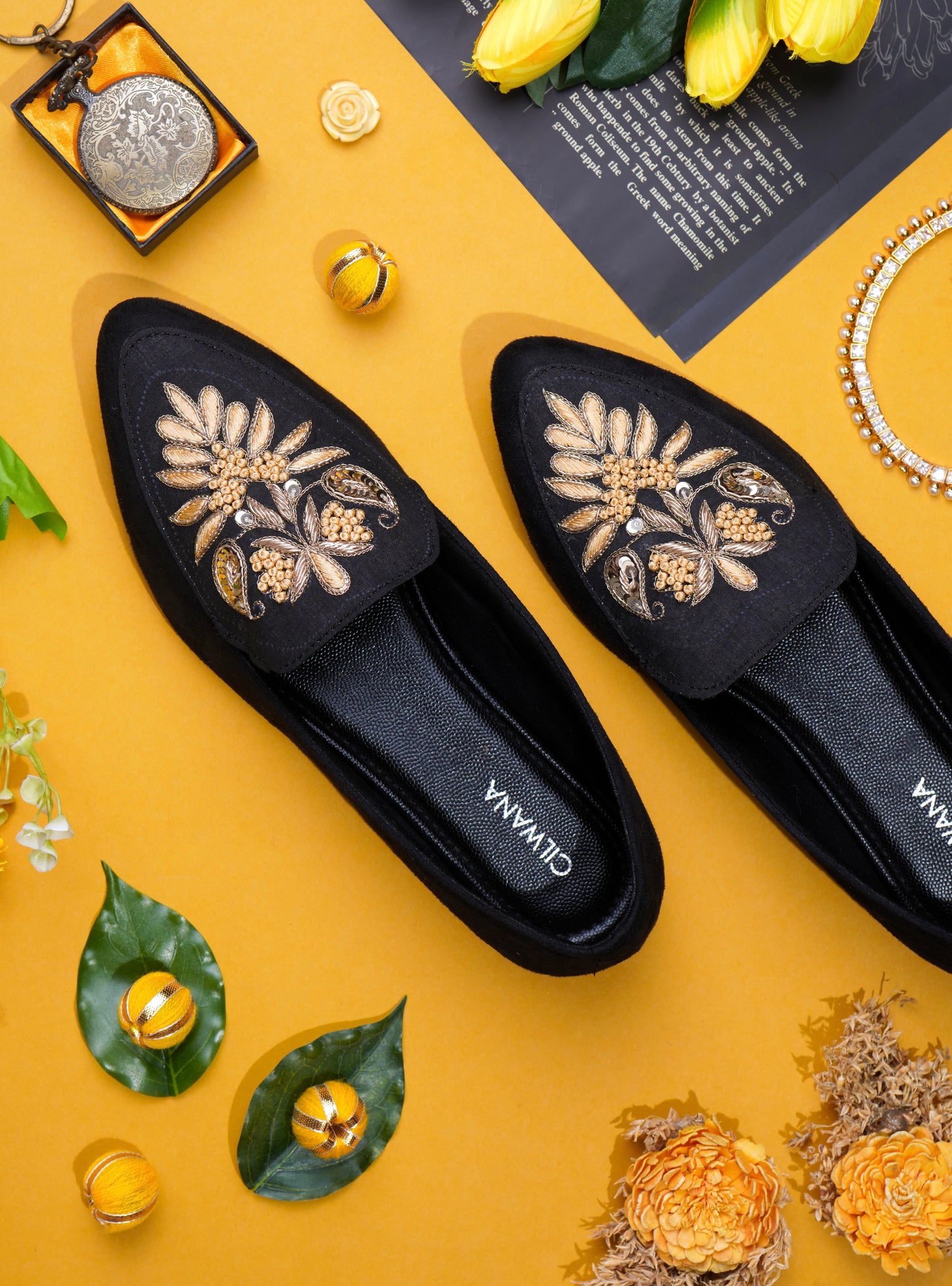 Black & Yellow Dhabka Shoes