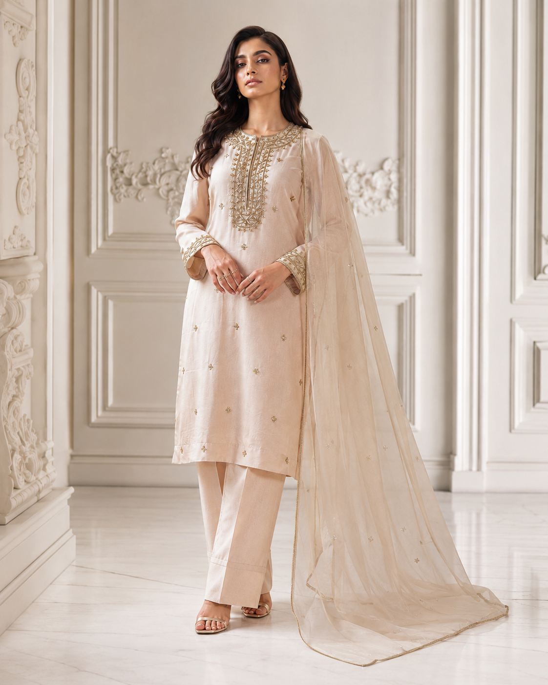 Champagne Dabka Zardozi Set