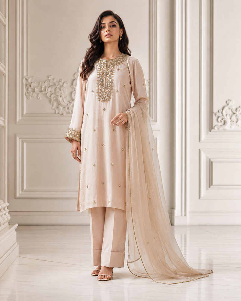 Champagne Dabka Zardozi Set