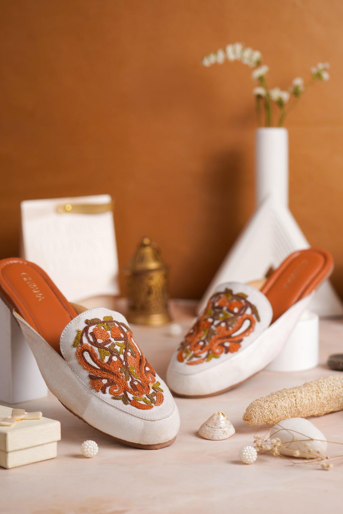 White Autumn Almond Aari Mules