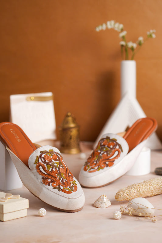White Autumn Almond Aari Mules