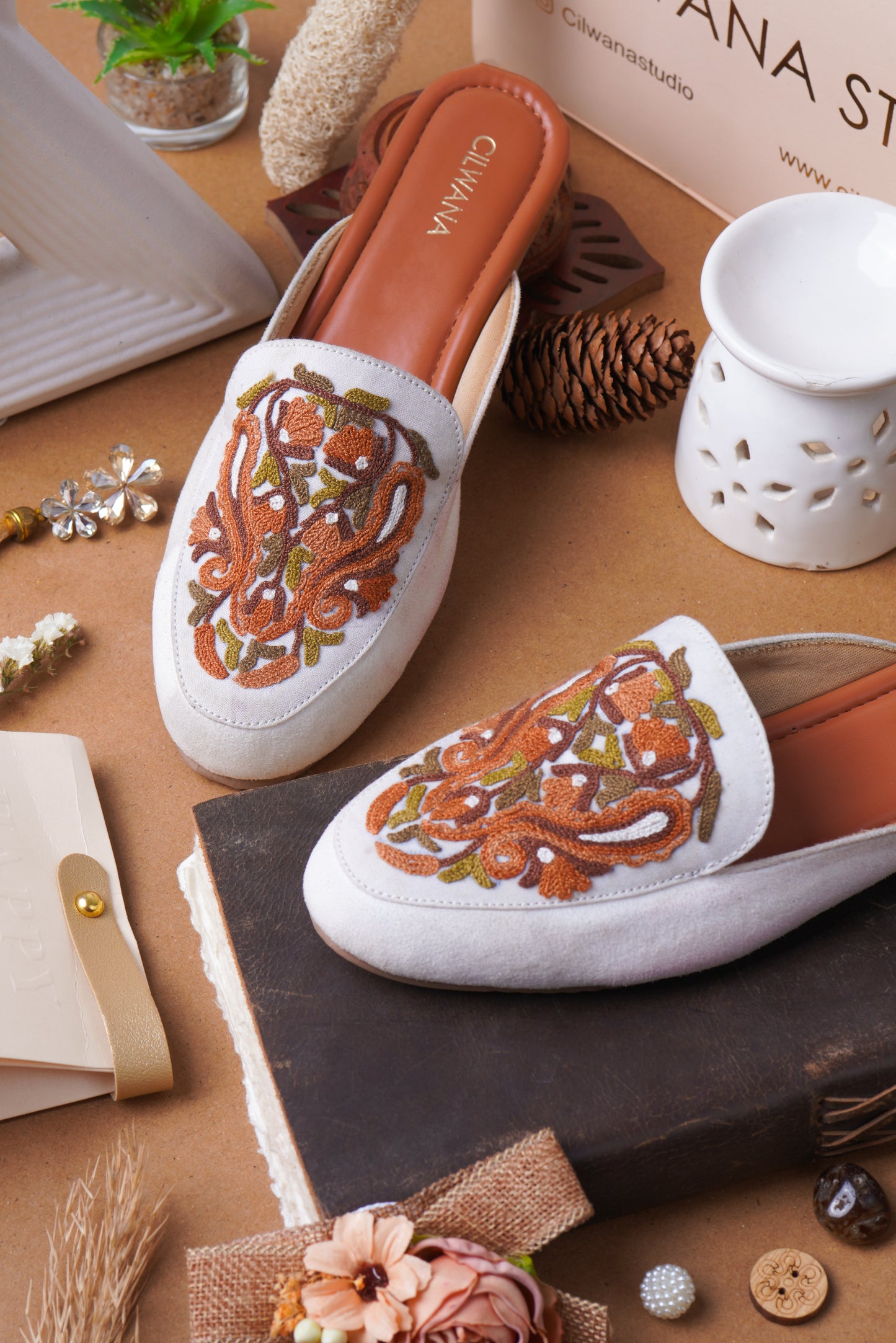White Autumn Almond Aari Mules