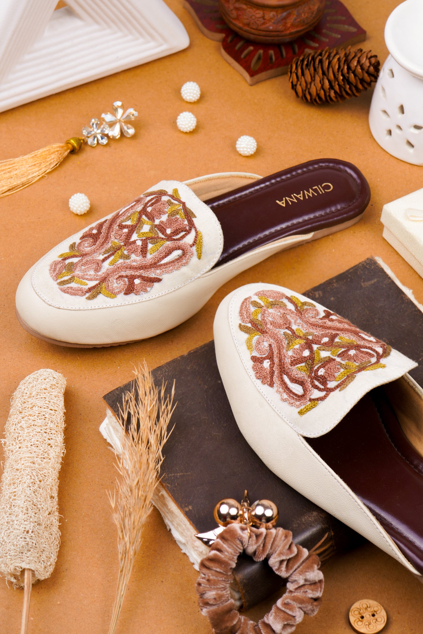 White Brown Almond Aari Mules
