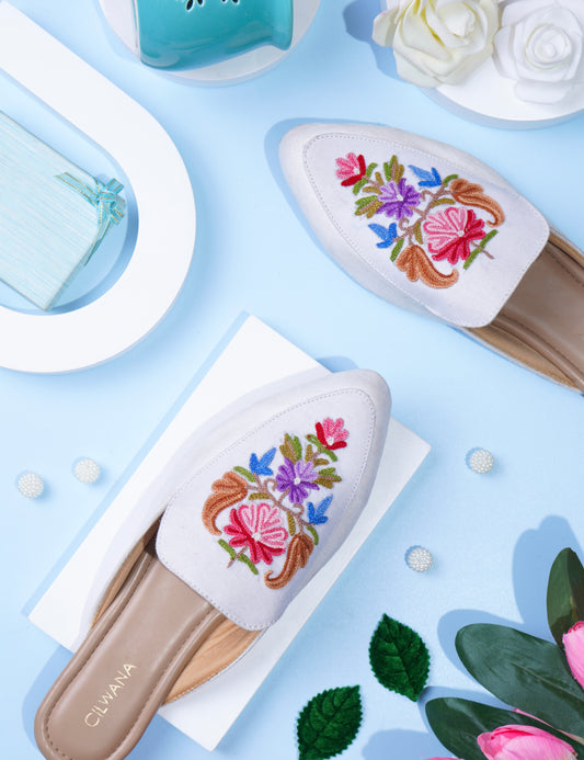 White Multi Rose Aari Mules