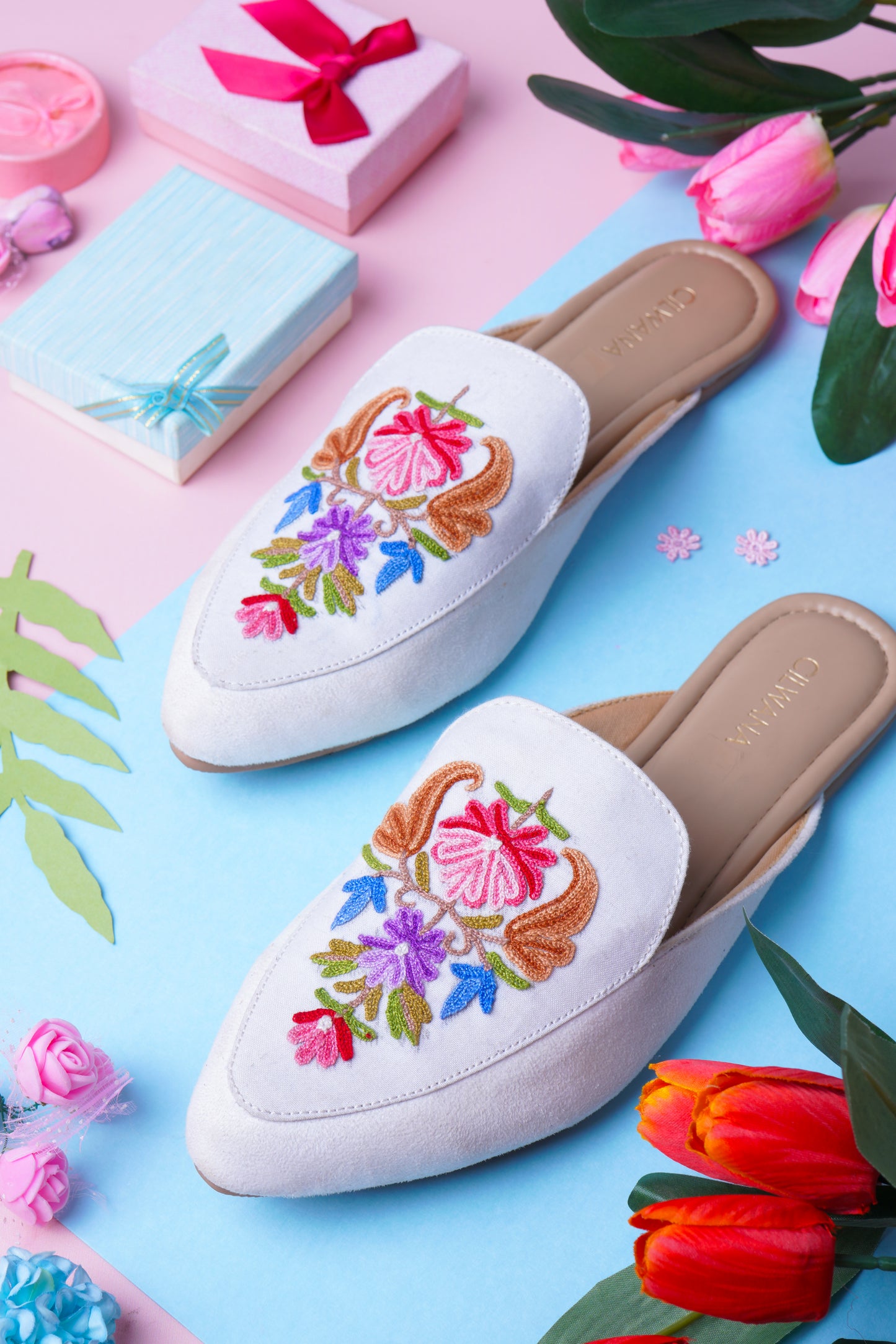 White Multi Rose Aari Mules