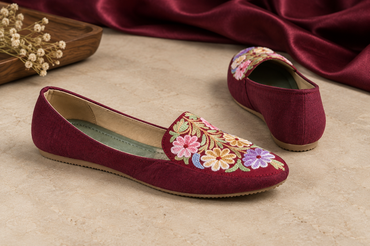 Maroon Floral Aari Shoes