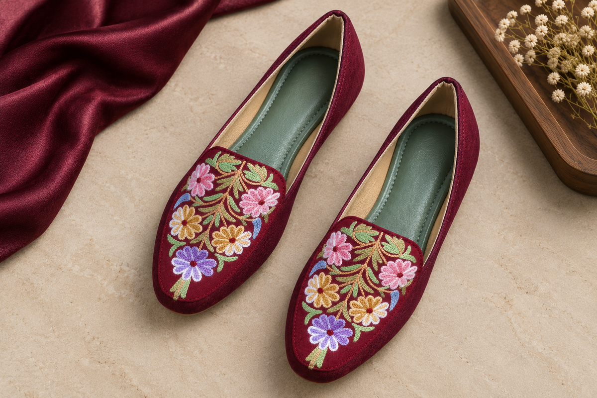 Maroon Floral Aari Shoes