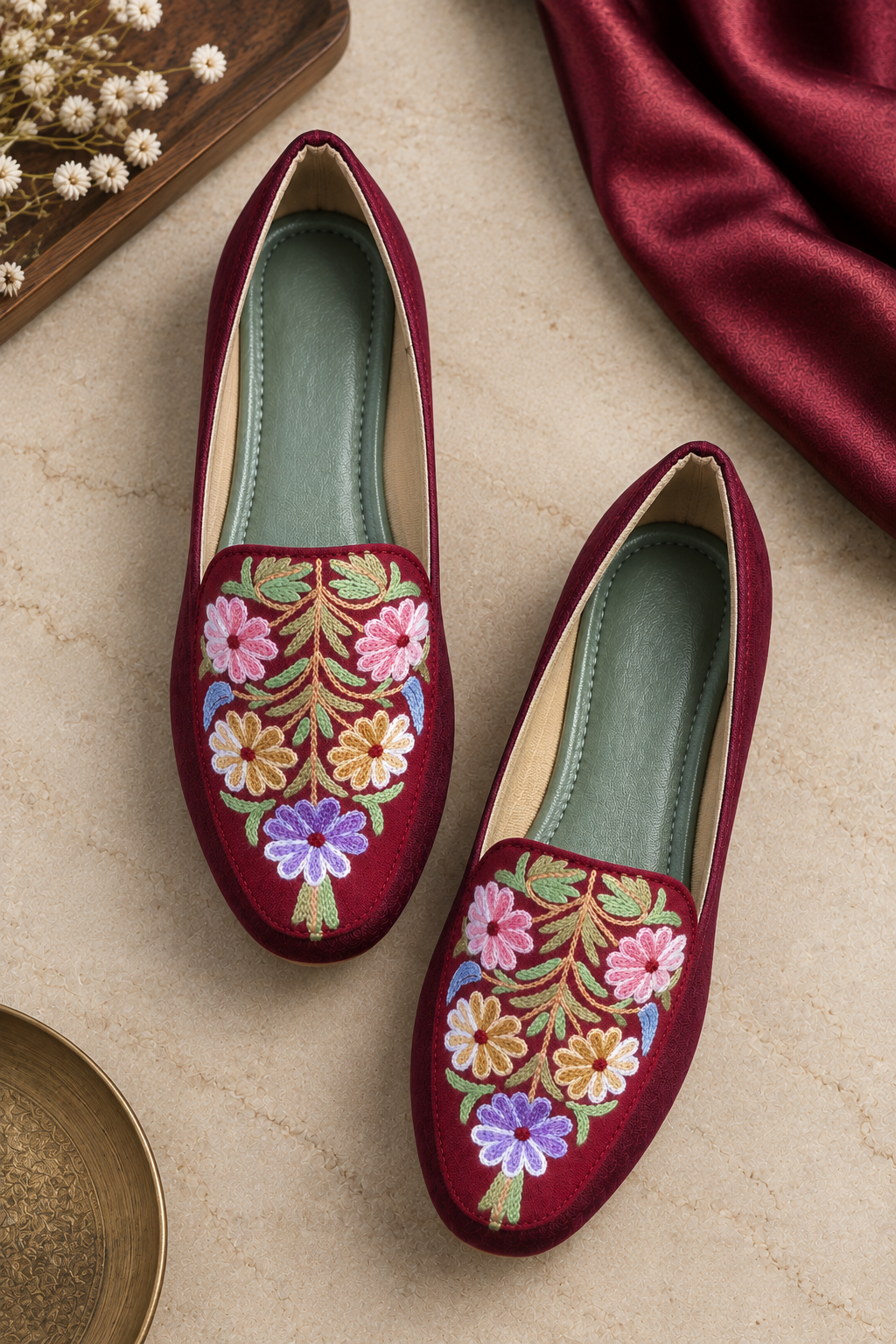 Maroon Floral Aari Shoes
