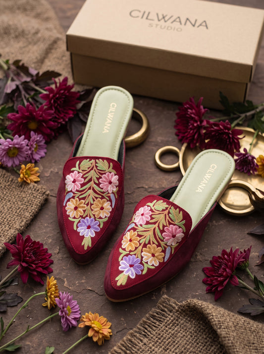 Maroon Floral Aari Mules