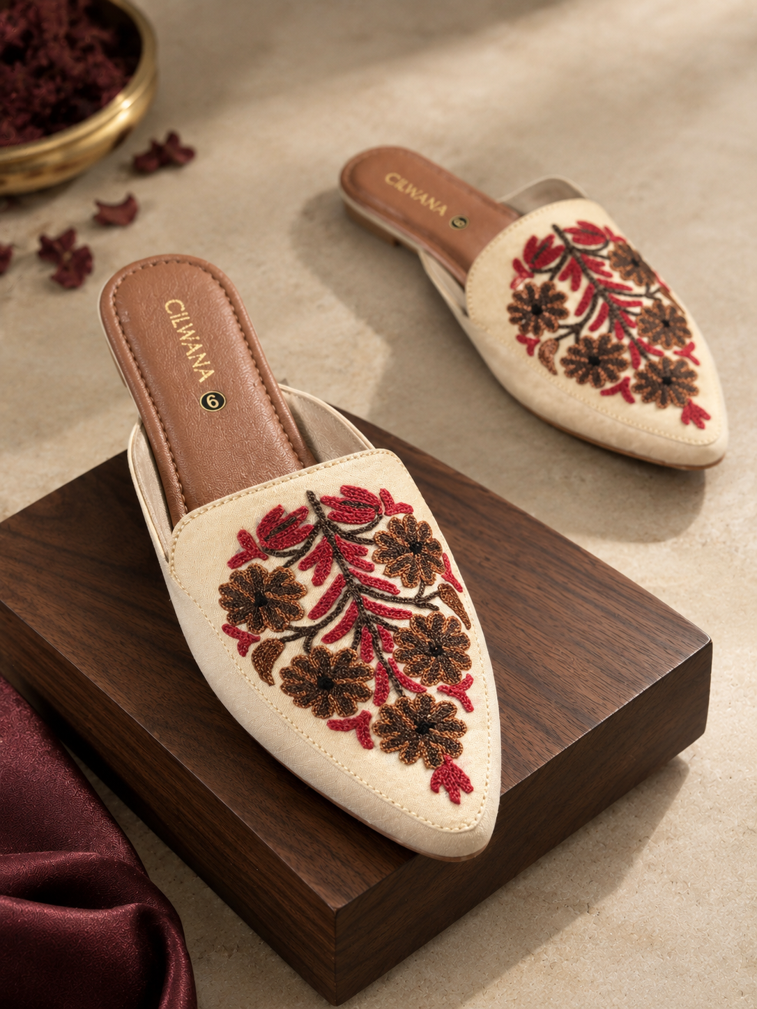White Floral Aari Mules
