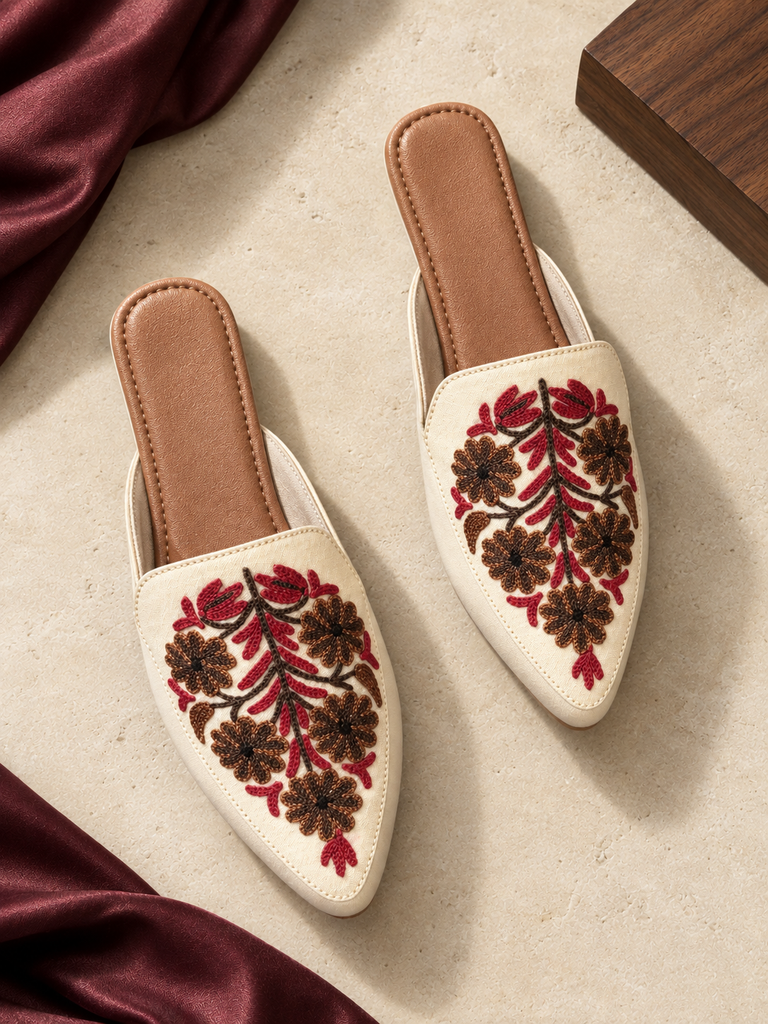 White Floral Aari Mules