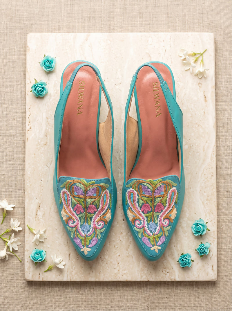 Teal Floral Aari Heels
