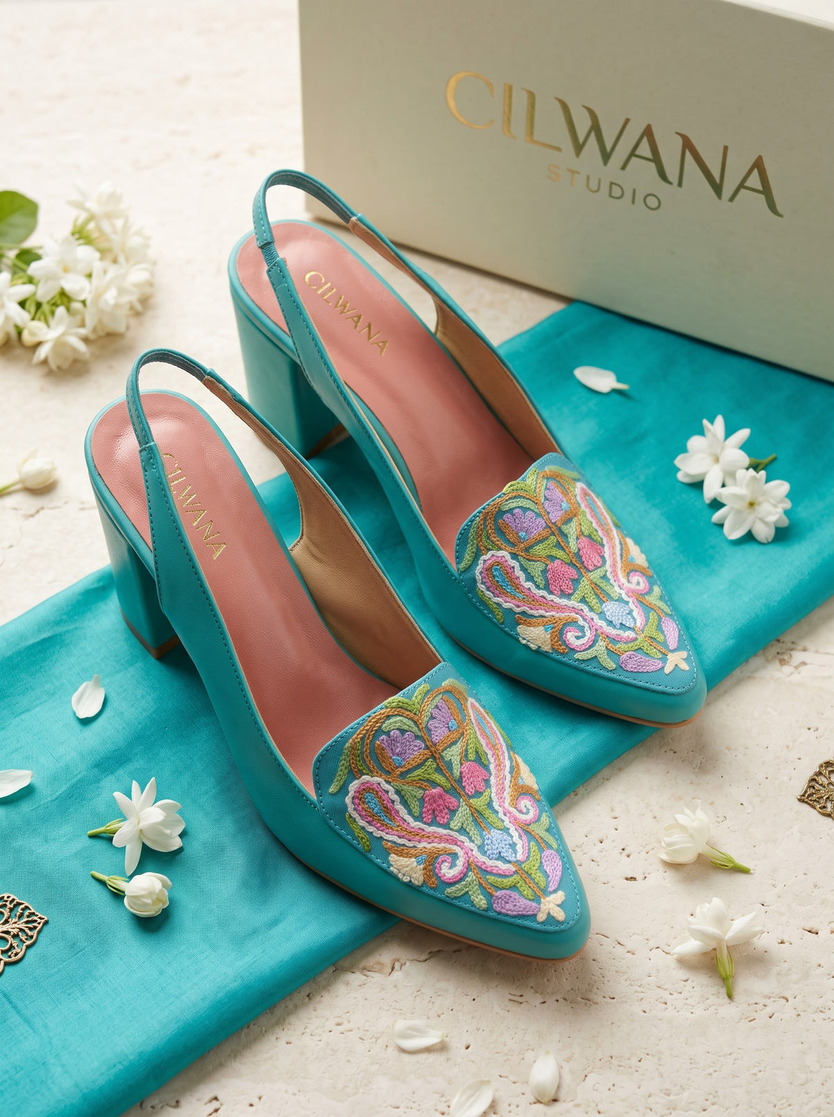 Turquoise Multi Floral Aari Heel