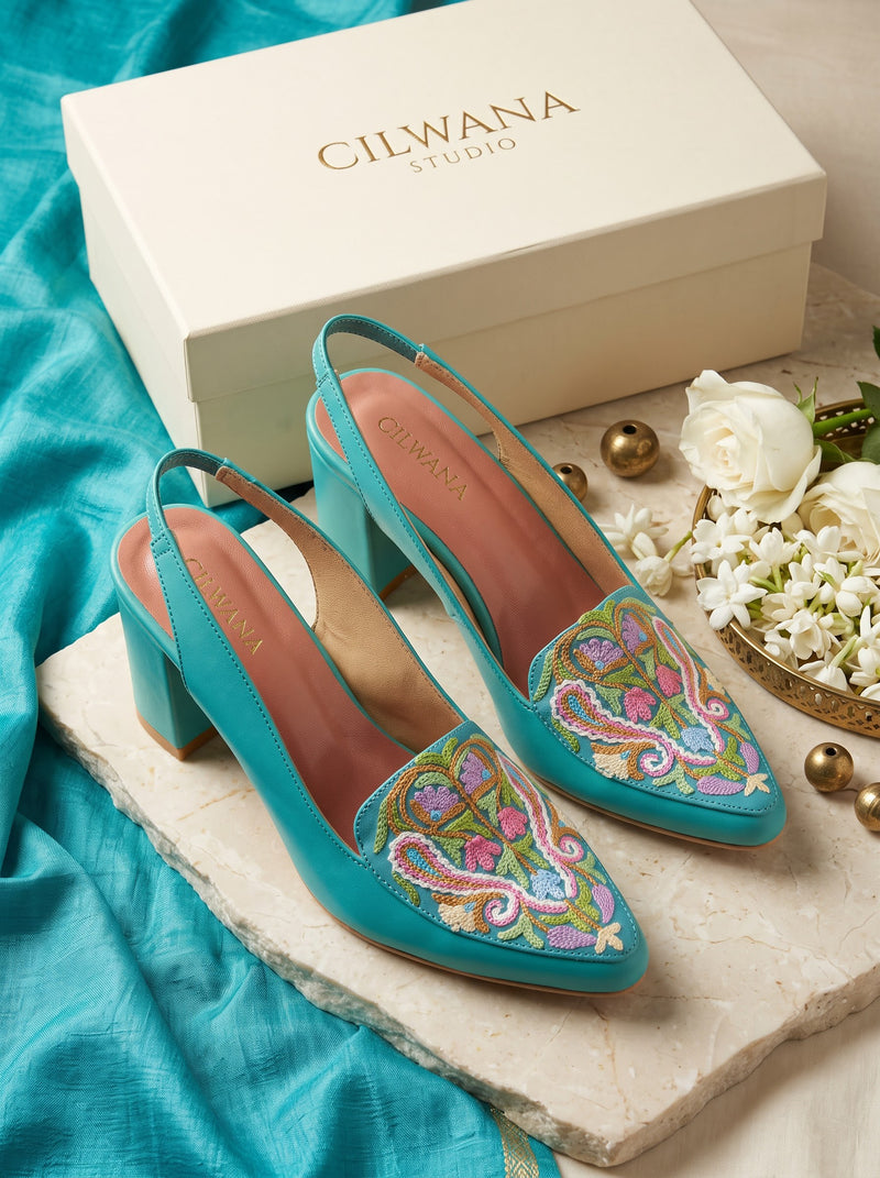 Teal Floral Aari Heels