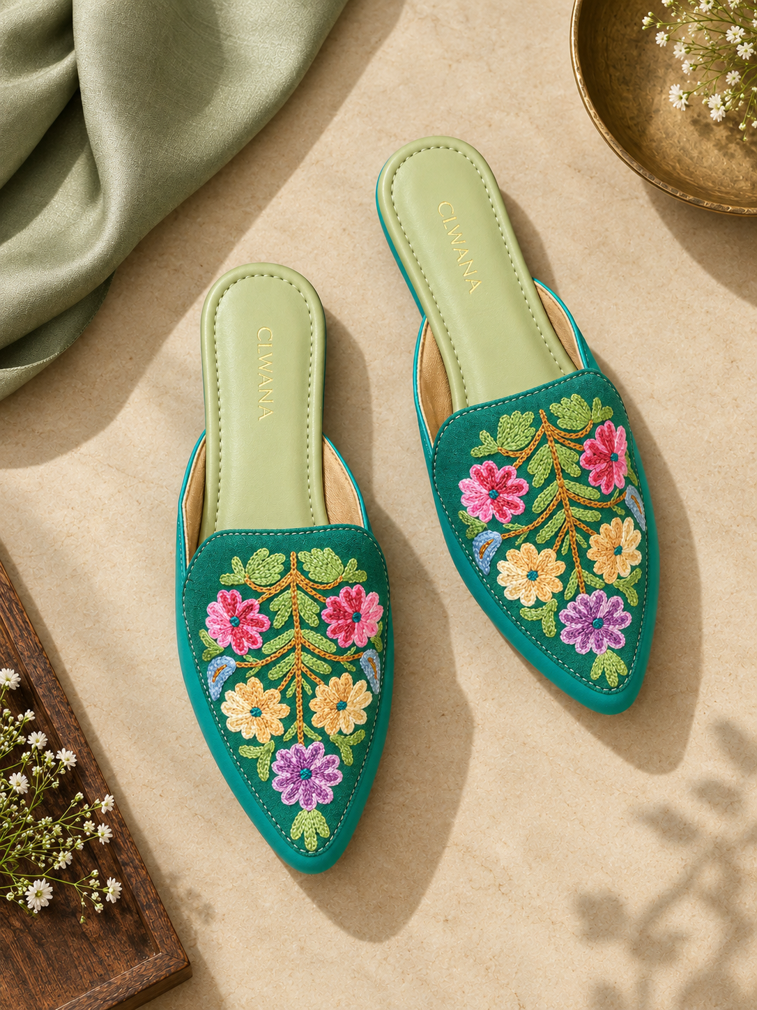 Teal Floral Aari Mules