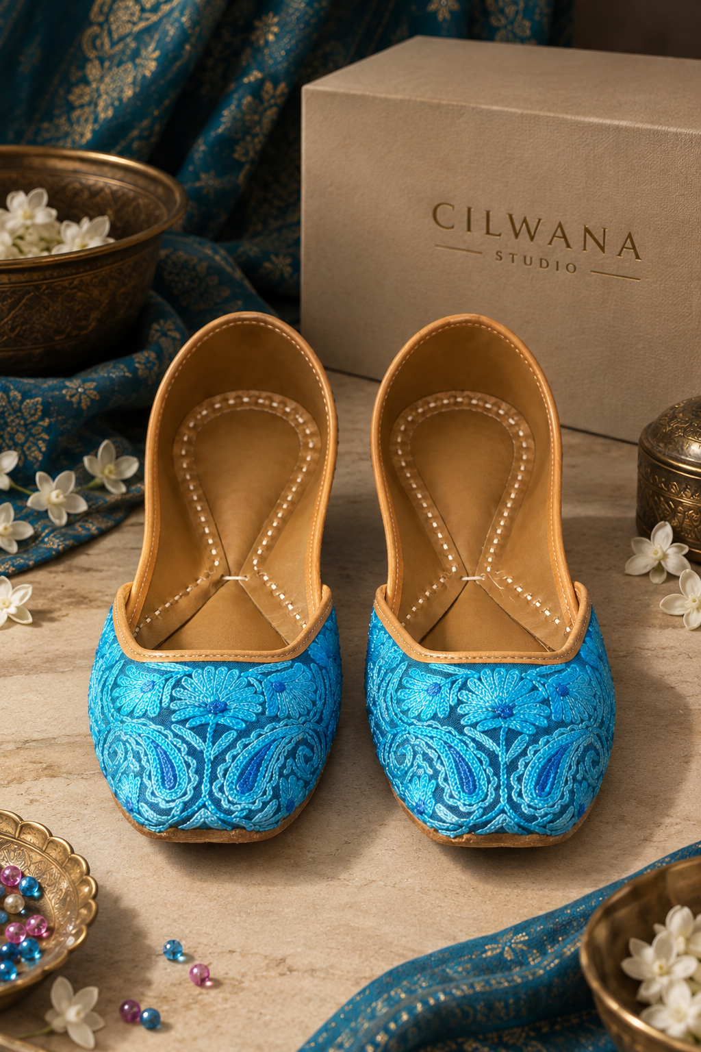 Blue Multi Floral Aari Jutti