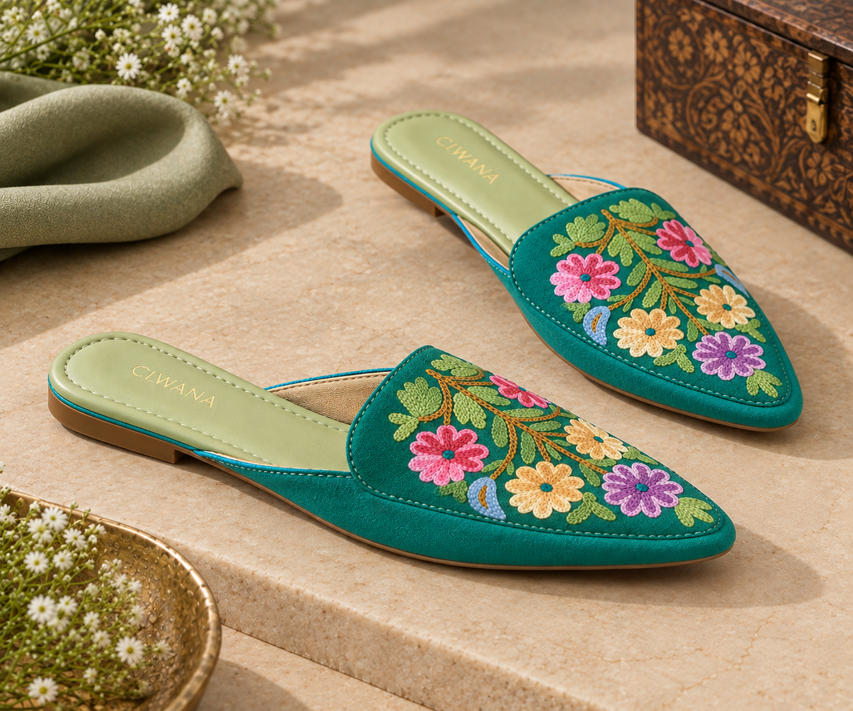 Teal Floral Aari Mules