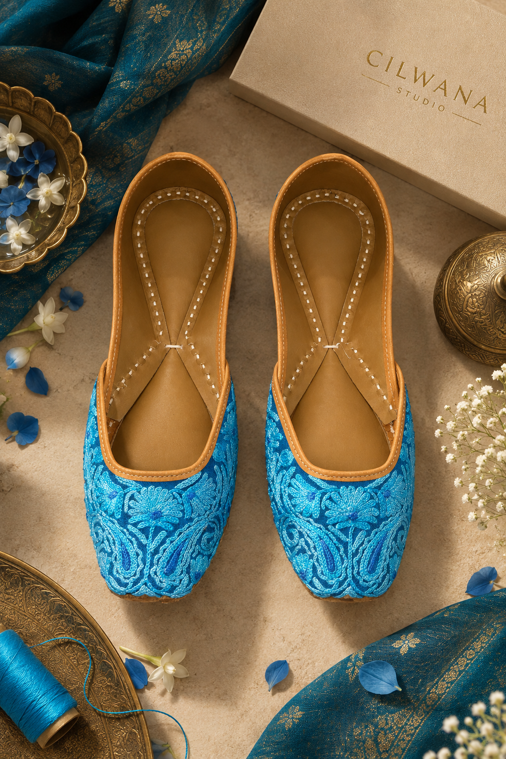 Blue Multi Floral Aari Jutti