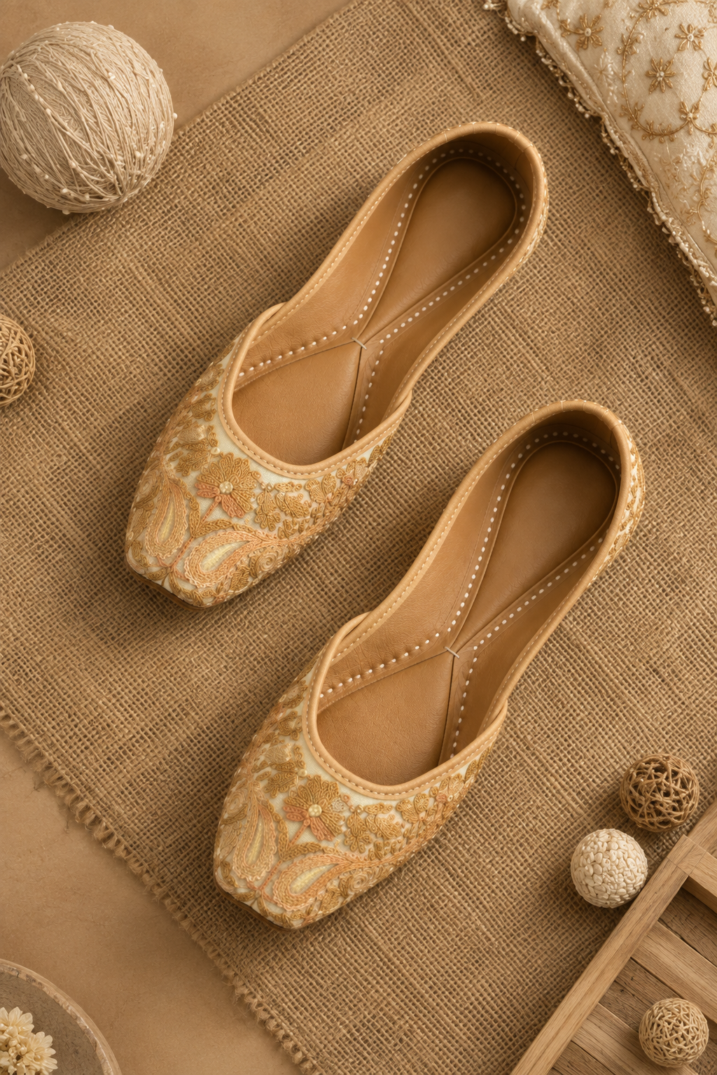 Beige Floral Aari Jutti