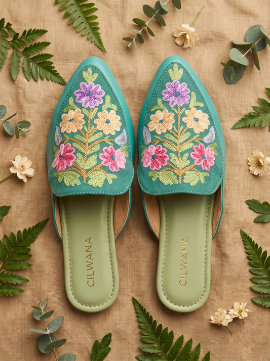 Teal Floral Aari Mules