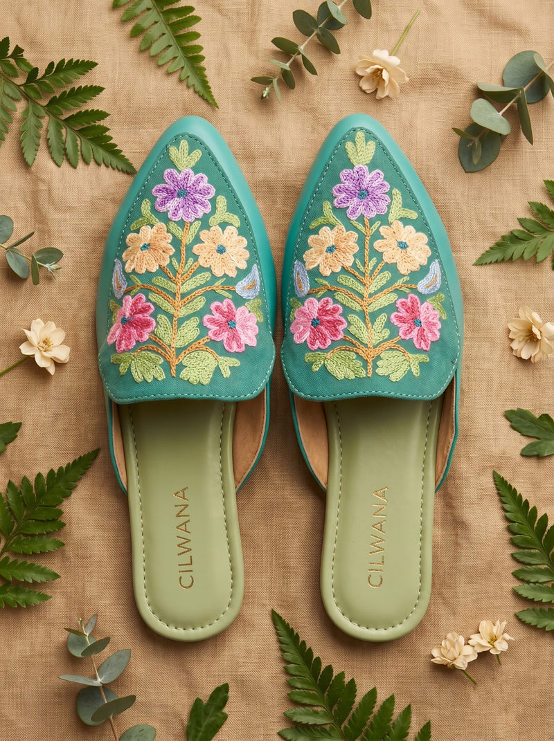 Teal Floral Aari Mules