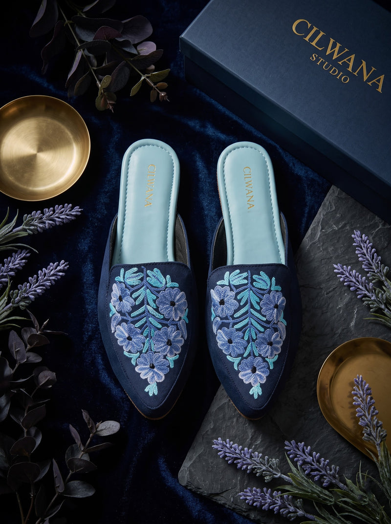 Blue Floral Aari Mules