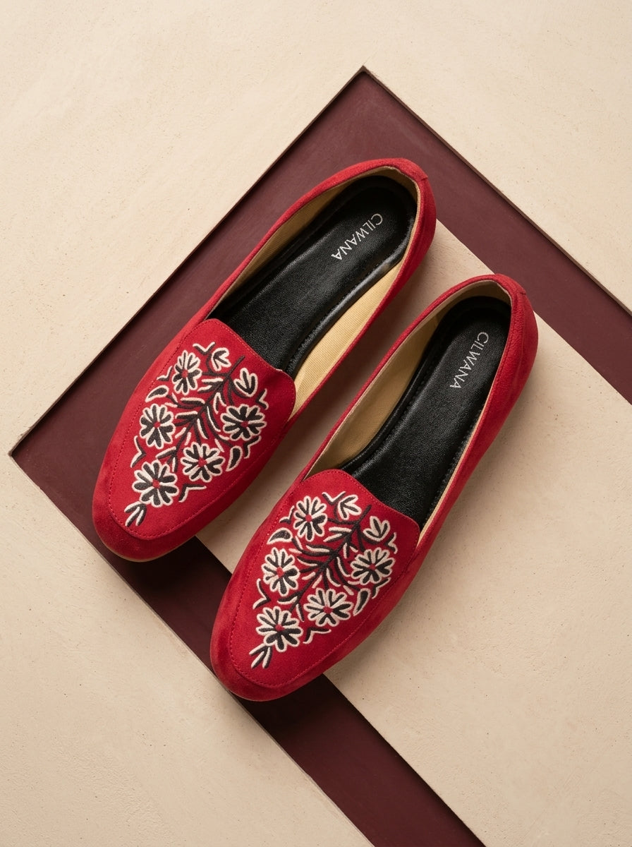 Bright Red Multi Floral Aari Shoes