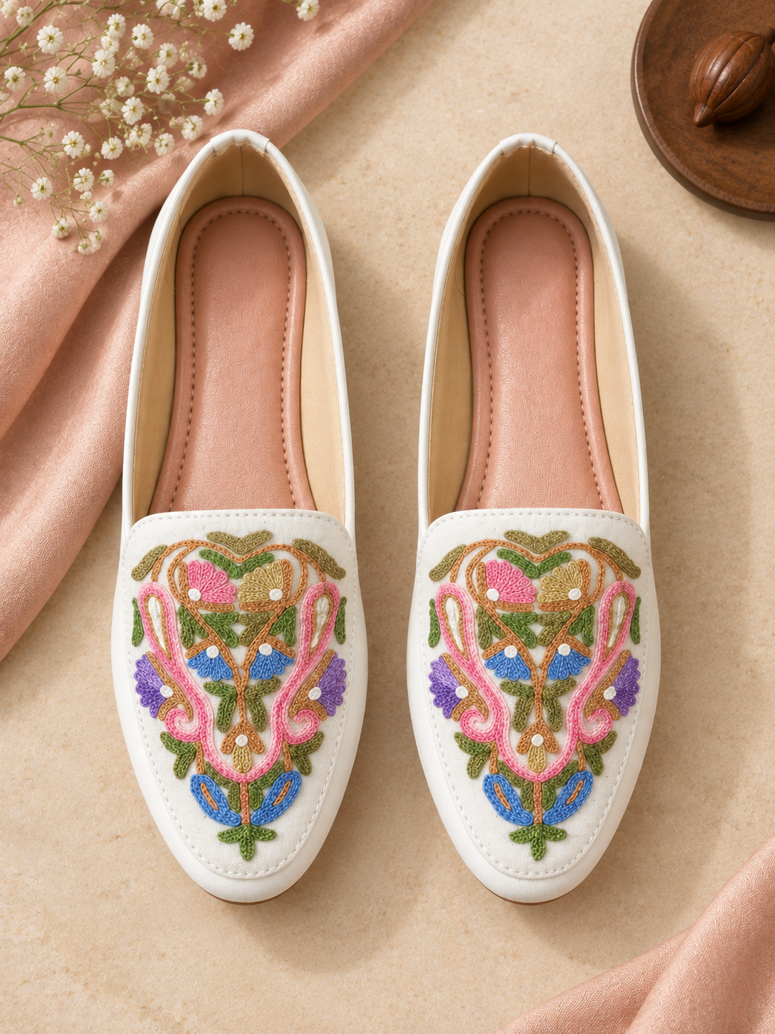 White Floral Aari Shoes