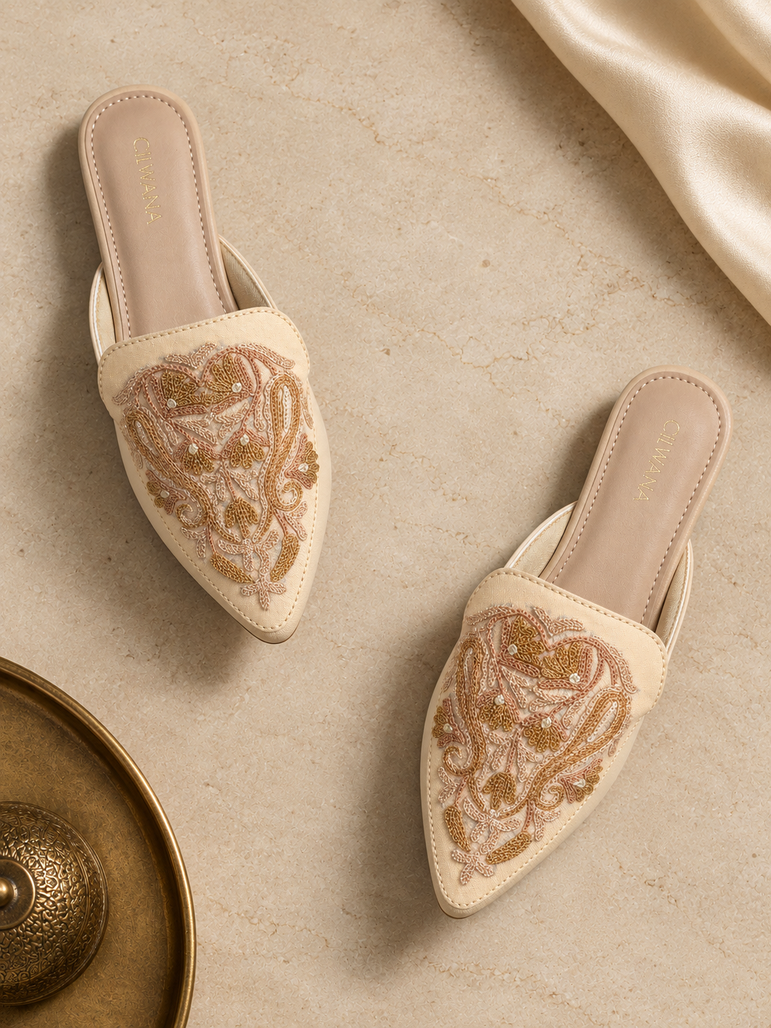 Beige Floral Aari Mules