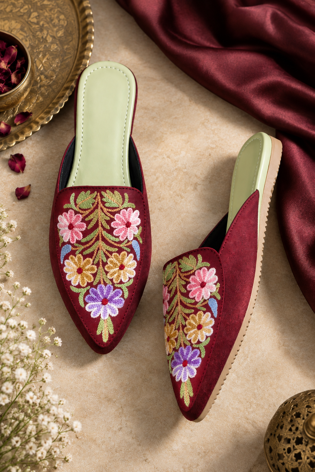 Maroon Floral Aari Mules