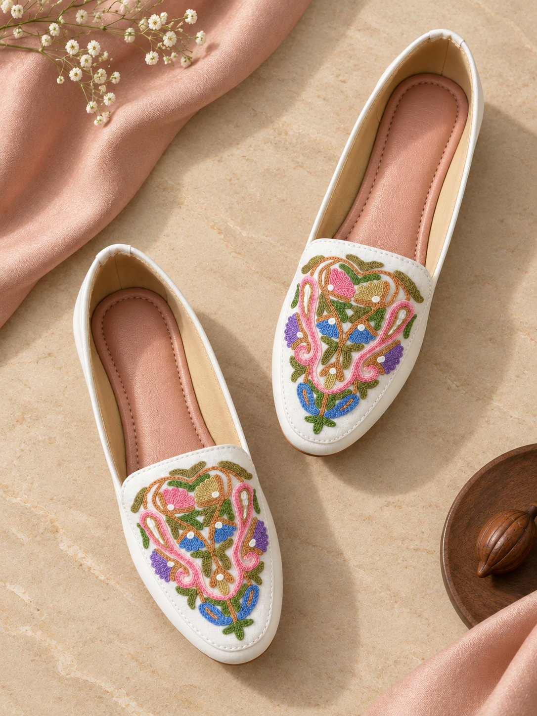 White Floral Aari Shoes